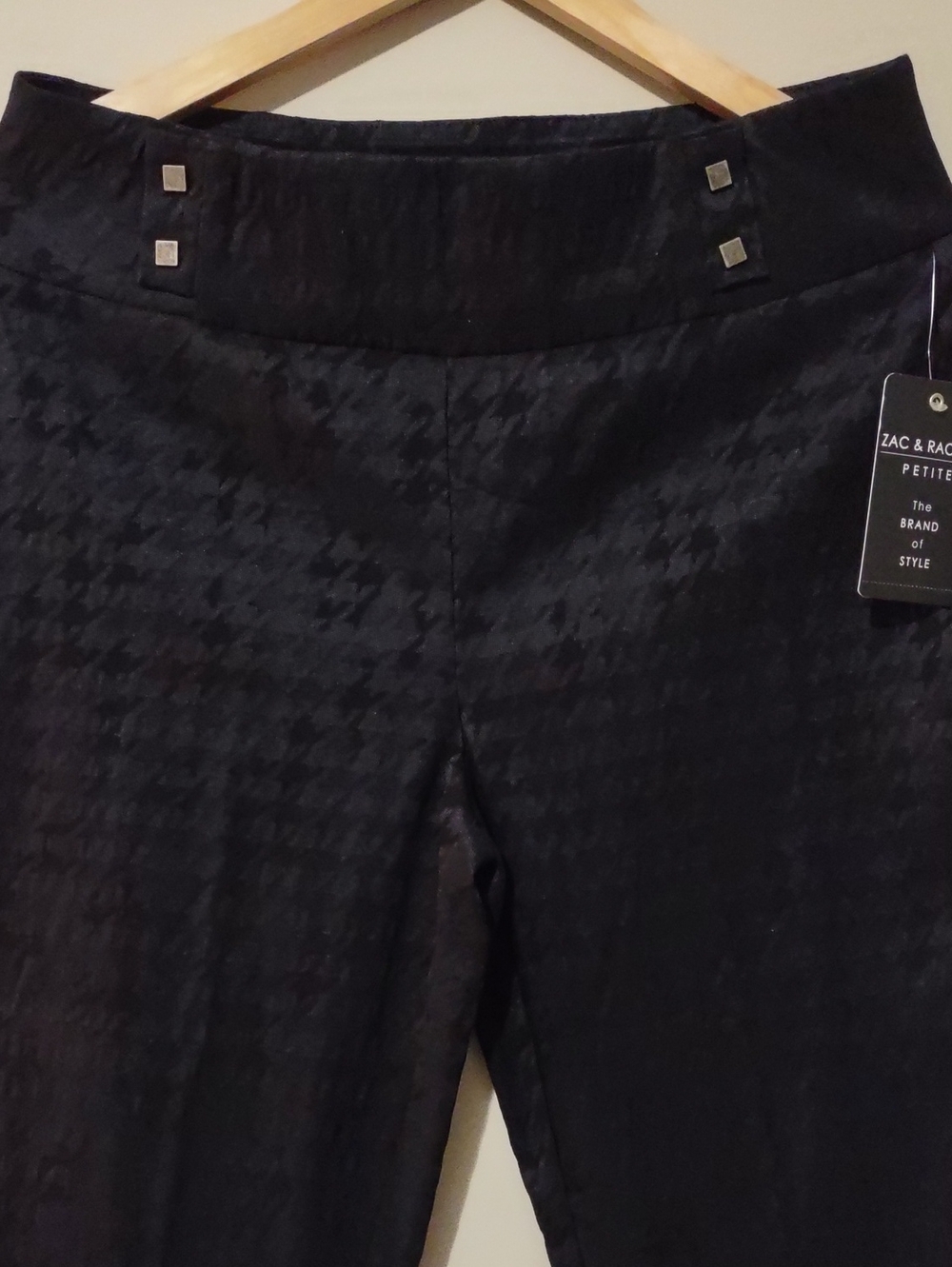 Zac & Rachel Petite Pull On Dress Pants Black Houndstooth Gold Studded NWT